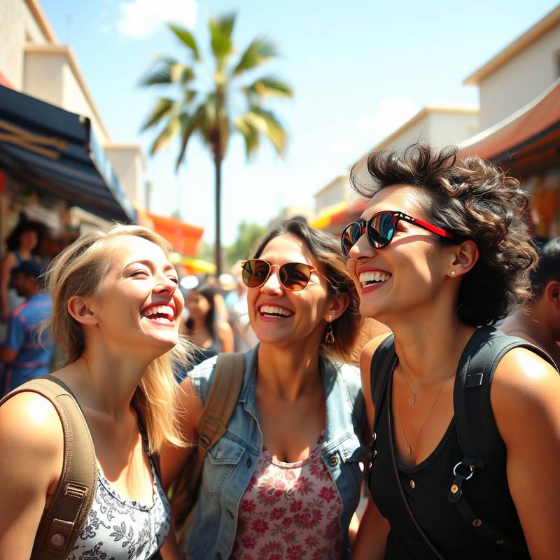 A group of friends laughing together while exploring a vibrant market, illustrating group travel planning services.
