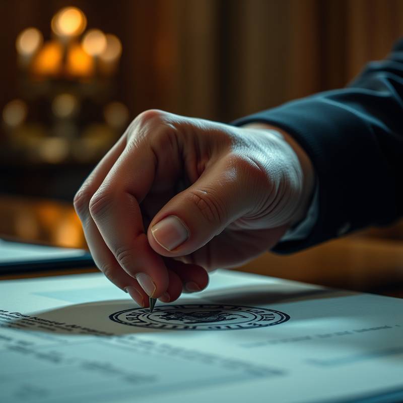 A hand stamping official documents with a governmental seal, representing the process of permit acquisition for travel and filming.