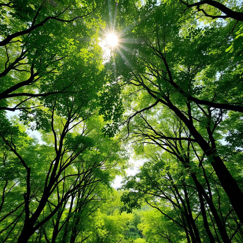 A lush green forest canopy with sunlight streaming through, representing eco-friendly and sustainable travel options.