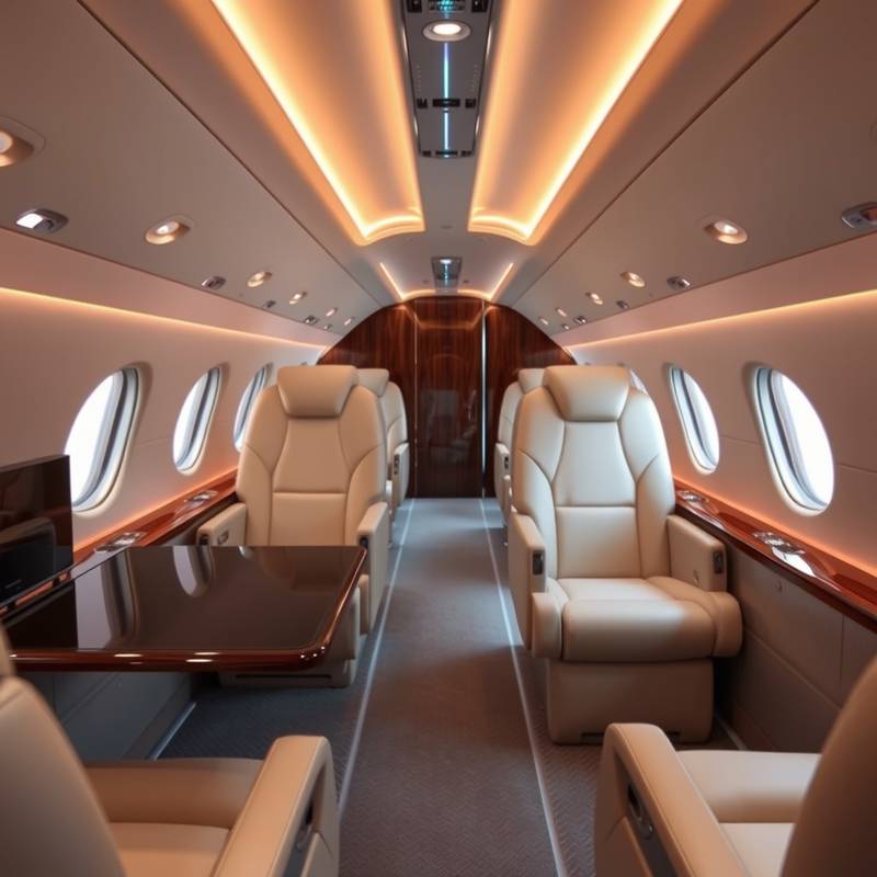 A luxurious private jet interior, representing high-end luxury travel services and experiences.