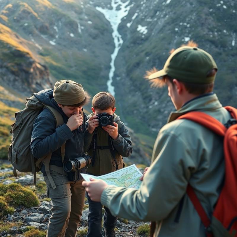 A team of scouts exploring a remote, scenic location with cameras and maps, highlighting location scouting services.