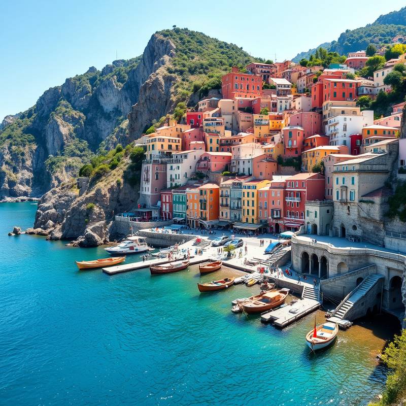 Colorful coastal town along the Amalfi Coast, Italy, with dramatic cliffs and picturesque villages.