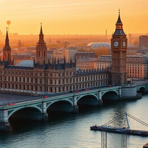 Iconic landmarks of London, England, including the Houses of Parliament, Big Ben, and the River Thames.