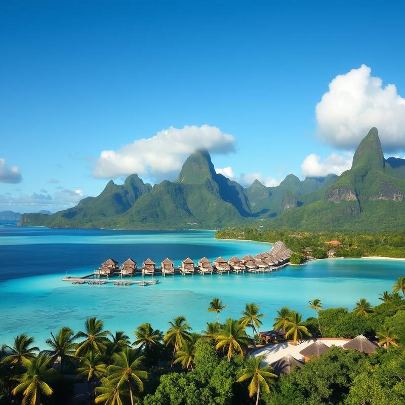 Idyllic scene of Bora Bora, French Polynesia, with turquoise lagoons, lush green mountains, and luxurious resorts.