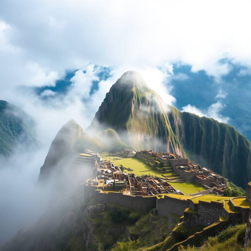 Machu Picchu, the ancient Inca city in the Andes Mountains, Peru, shrouded in mist.