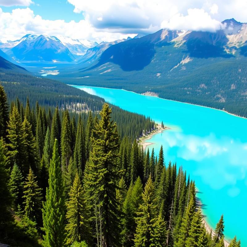 Majestic mountain range in Banff National Park, Canada, with turquoise lakes and evergreen forests.