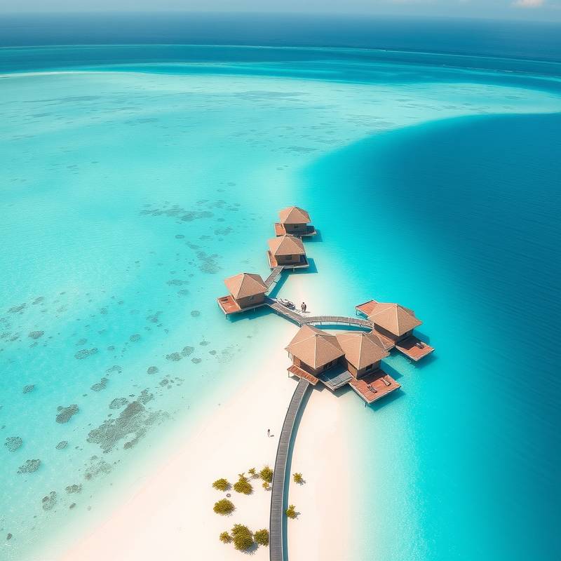 Overwater bungalows in the Maldives, surrounded by crystal-clear turquoise waters and white sandy beaches.