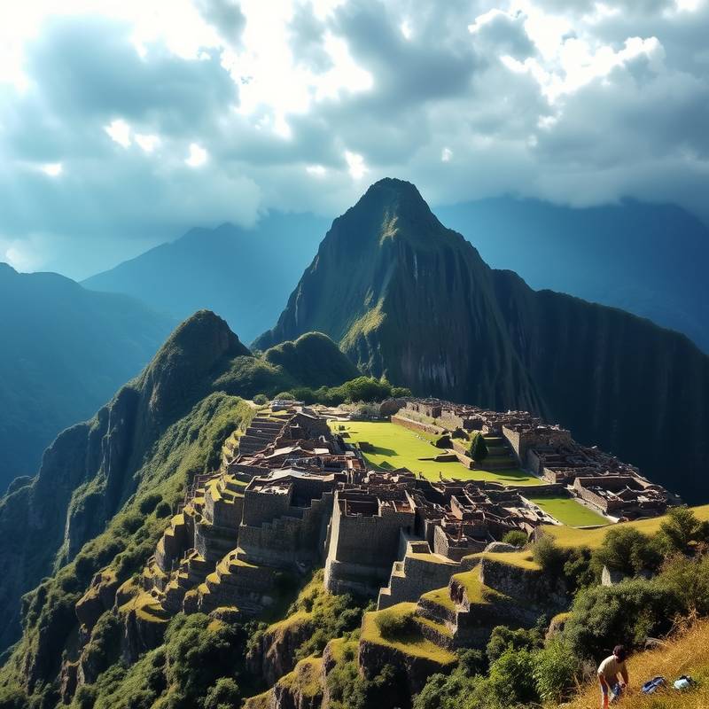 Panoramic view of Machu Picchu, Peru, an ancient Inca citadel nestled high in the Andes Mountains.