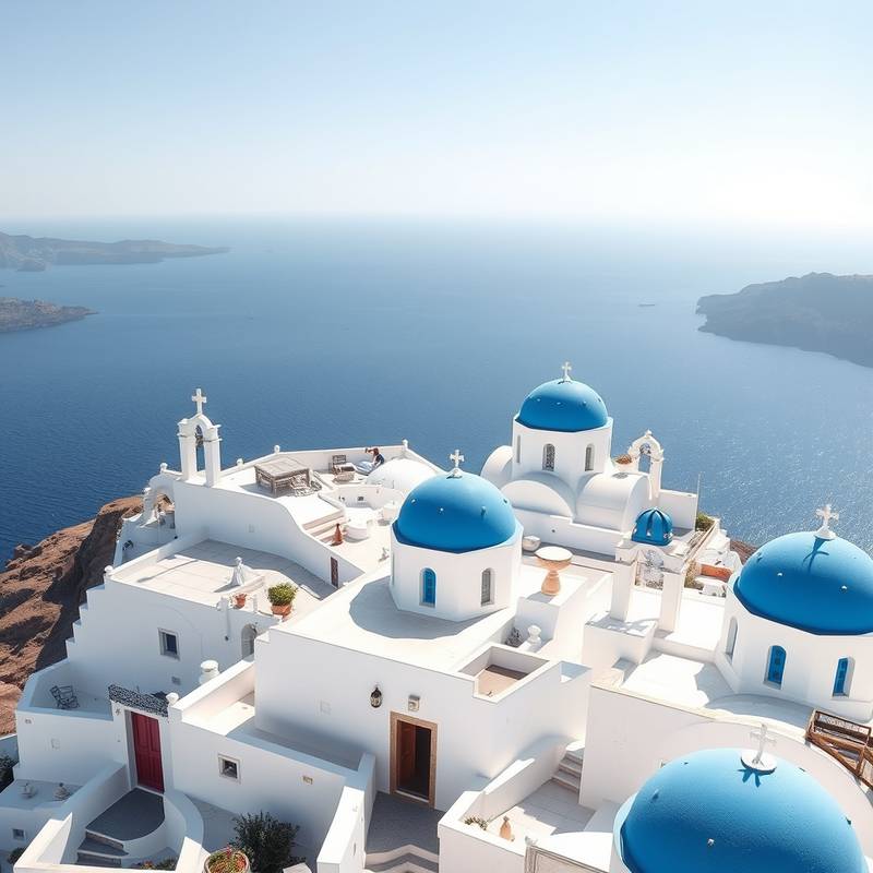 Picturesque view of Santorini, Greece, with whitewashed buildings and blue domes overlooking the Aegean Sea.