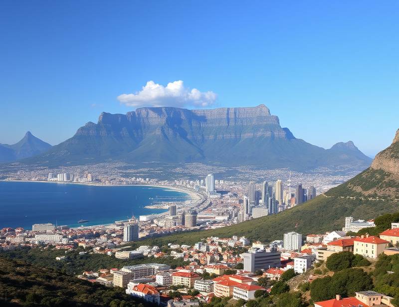 Scenic view of Cape Town, South Africa, with Table Mountain in the background overlooking the city and coastline.