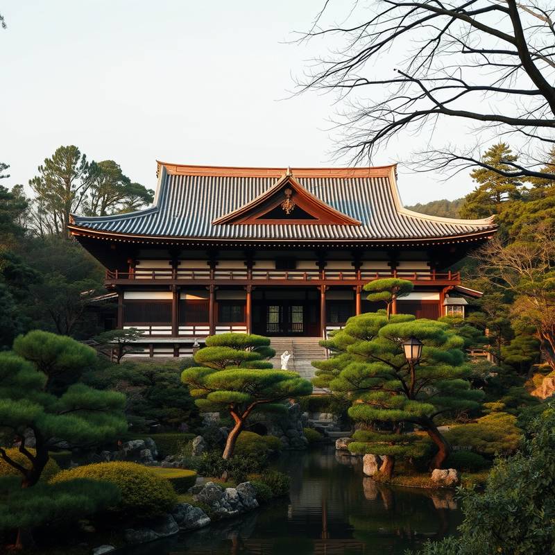 Traditional Japanese architecture in Kyoto, Japan, featuring a serene temple surrounded by lush gardens.