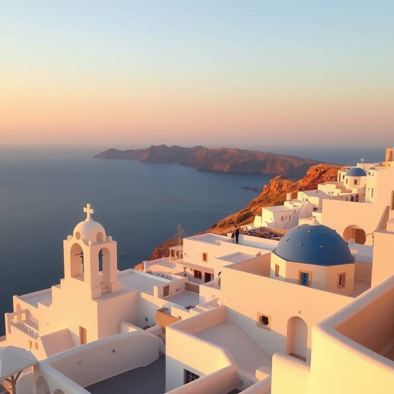Whitewashed buildings in Santorini, Greece, overlooking the Aegean Sea at sunset.